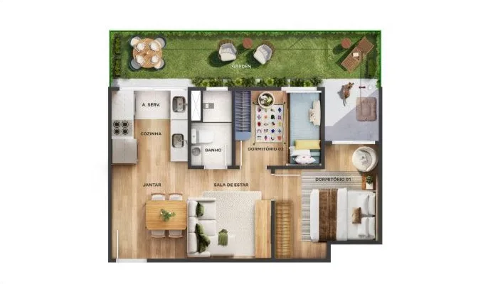 2 quartos - com garden