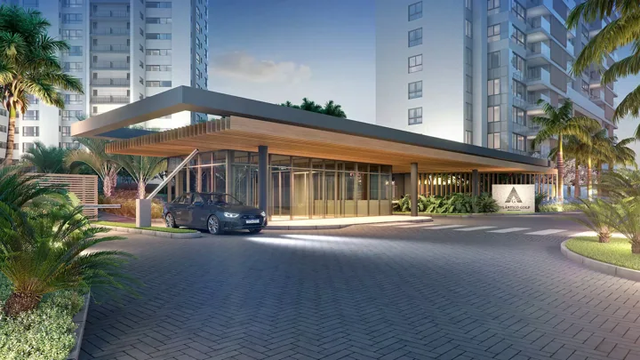 Atlântico Golf — Pórtico de entrada com guarita de segurança · perspectiva ilustrativa