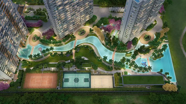 Atlântico Golf — Espelho d'água com aproximadamente 180m de extensão · perspectiva ilustrativa