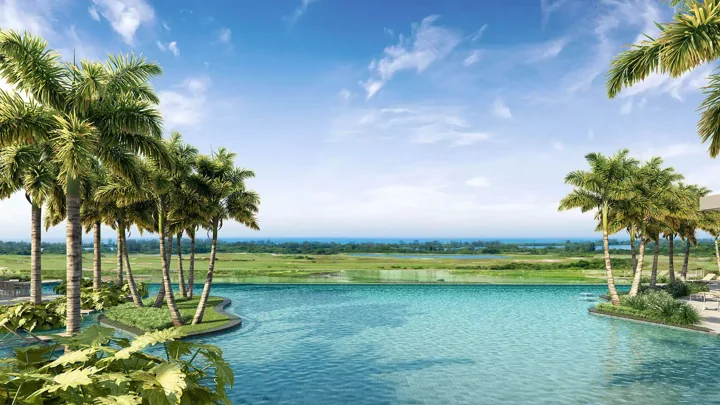 Atlântico Golf — Piscina adulto com raia e borda infinita · perspectiva ilustrativa