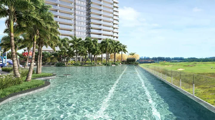 Atlântico Golf — Piscina adulto com raia e borda infinita · perspectiva ilustrativa