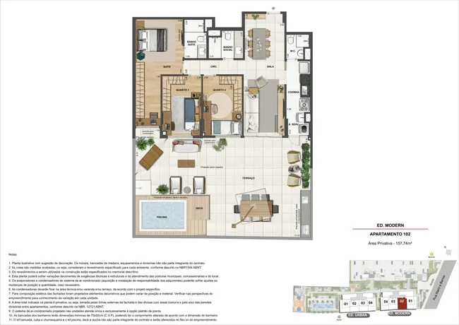 Planta do apartamento 102 do Ed. Modern - 3 quartos — Atmosfera Condominium Park · Plantas