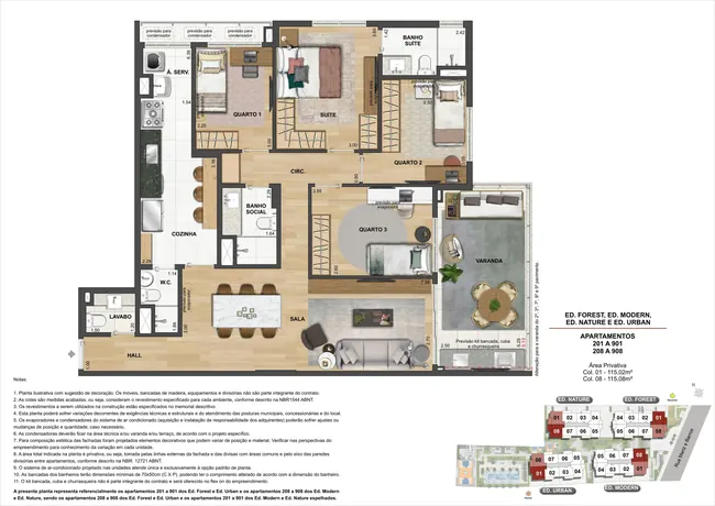 Plantas dos apartamentos 201 a 901 e 208 a 908 - 3 quartos — Atmosfera Condominium Park · Plantas