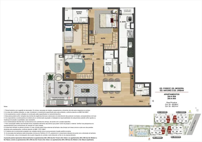 Plantas dos apartamentos 204 a 904 e 205 a 905 - 3 quartos — Atmosfera Condominium Park · Plantas