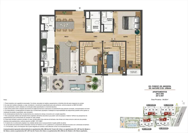 Plantas dos apartamentos 206 a 906 e 207 a 907 - 3 quartos — Atmosfera Condominium Park · Plantas