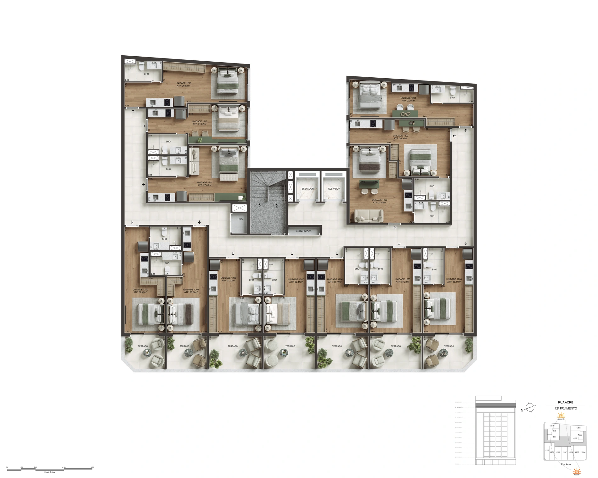 Pavimento com studios e unidades com terraço