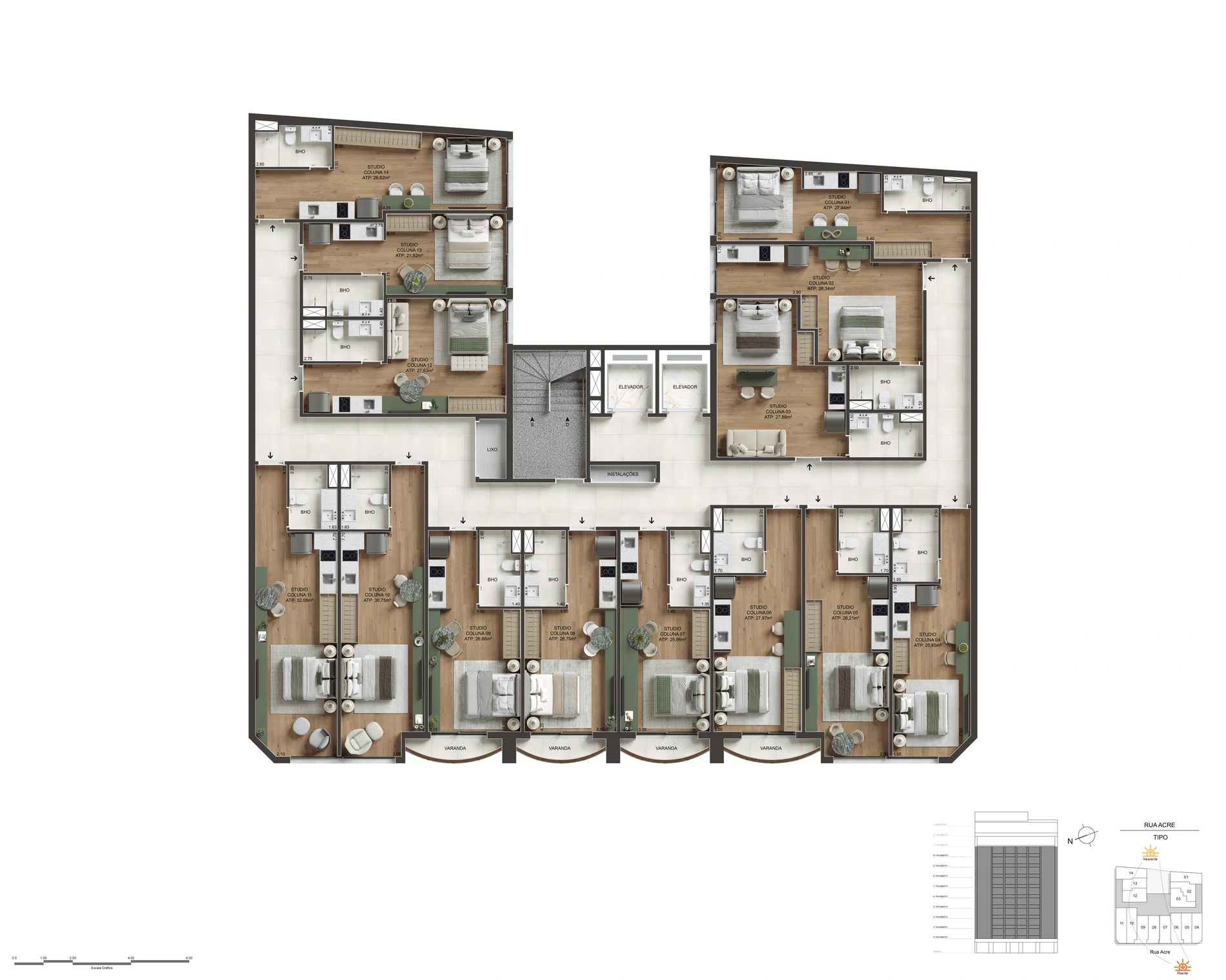 Pavimento tipo do Áureos com studios de frente e internos