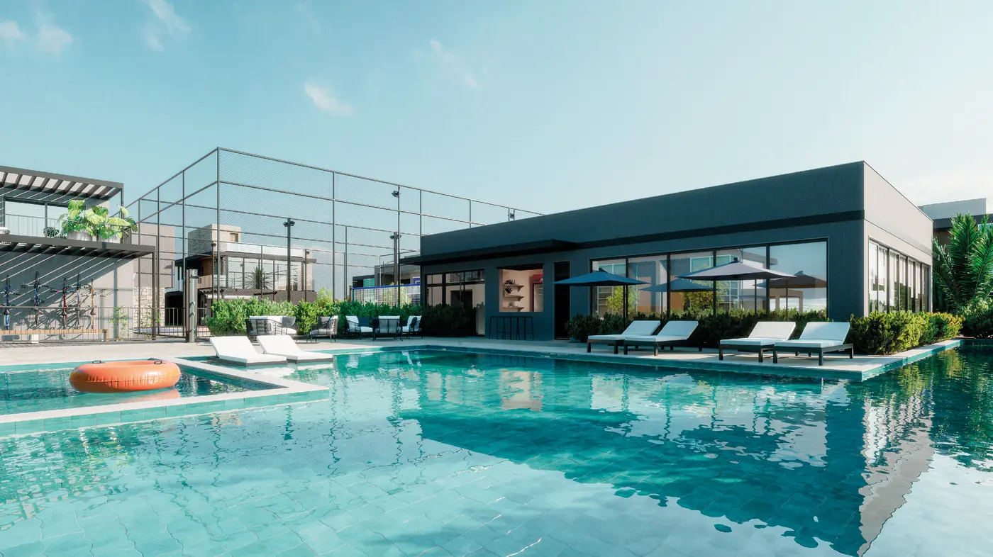 Perspectiva ilustrativa das piscinas do Bio Recreio Residences