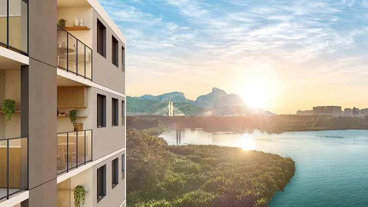 Breeze Inspire Residence — Fachada com vista da Lagoa e da Pedra da Gávea · perspectiva ilustrativa
