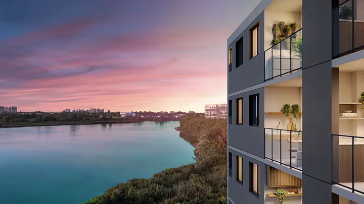 Breeze Inspire Residence — Fachada com vista da Lagoa · perspectiva ilustrativa