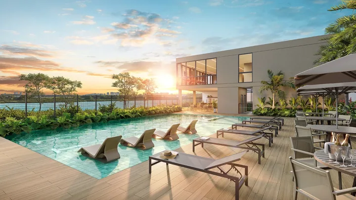 Breeze Inspire Residence — Piscina com deck molhado e solarium · perspectiva ilustrativa