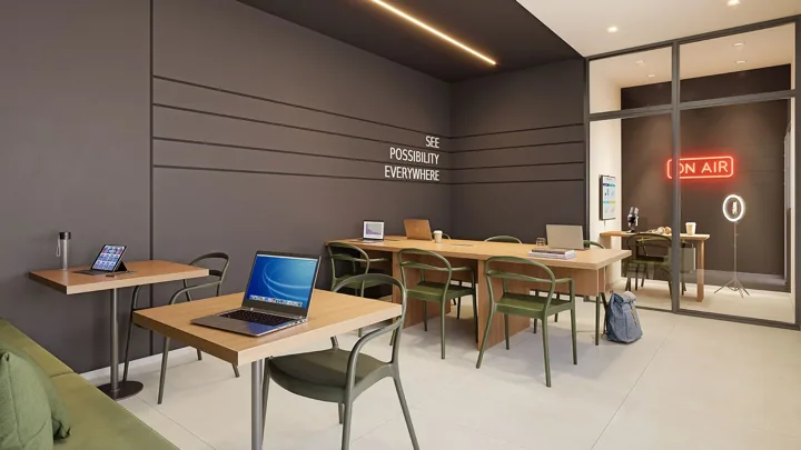 Breeze Inspire Residence — Coworking, sala de reunião e espaço de conteúdo · perspectiva ilustrativa
