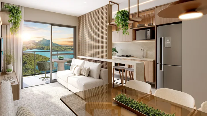 Breeze Inspire Residence — Sala integrada com a cozinha · perspectiva ilustrativa