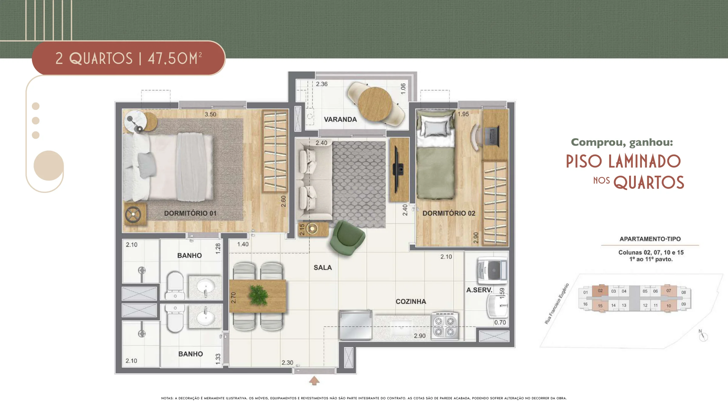 2 quartos · 47,50 m² · Cartola 2