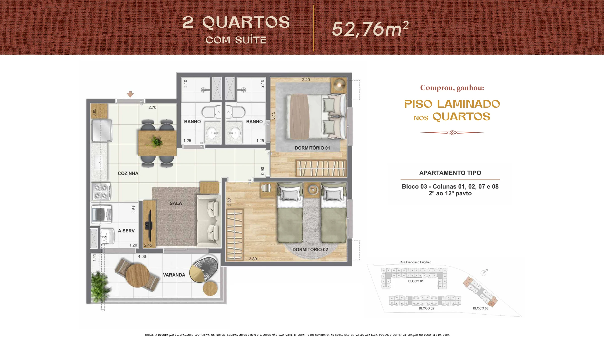 2 quartos com suíte · 52,76 m² · Cartola Residencial