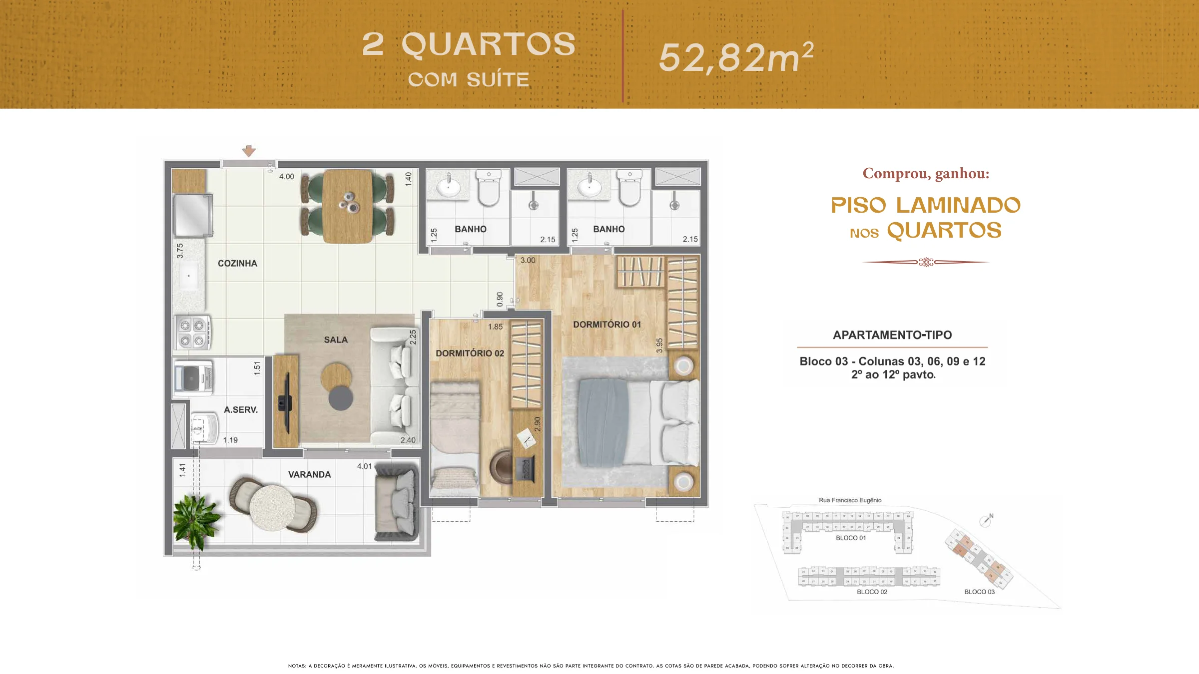 2 quartos com suíte · 52,82 m² · Cartola Residencial