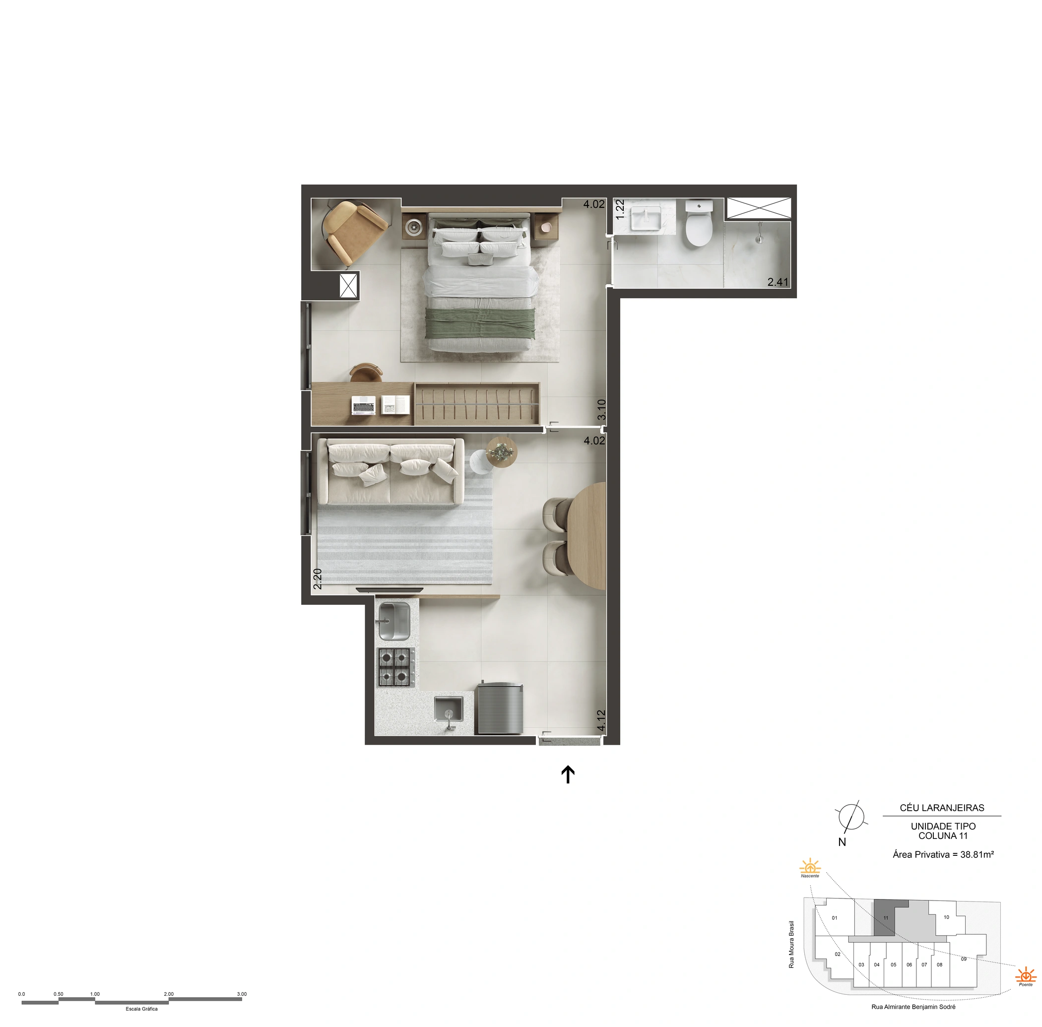 Planta de 1 quarto apresentada no material do Céu Laranjeiras