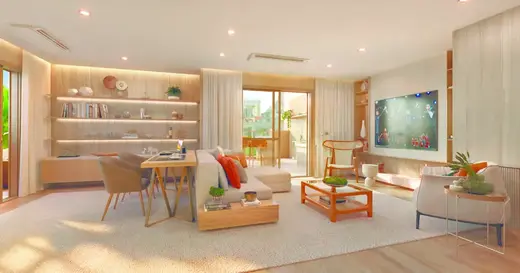 Sala integrada de casa do Claris — perspectiva ilustrativa