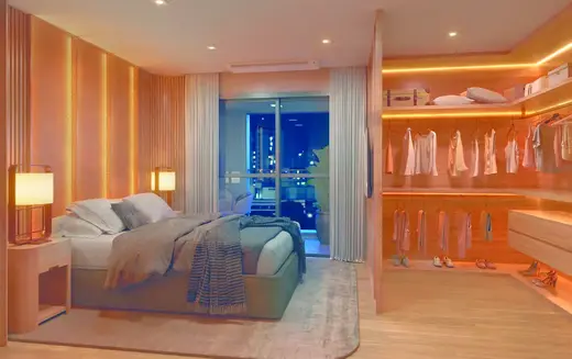 Suíte master de casa do Claris — perspectiva ilustrativa