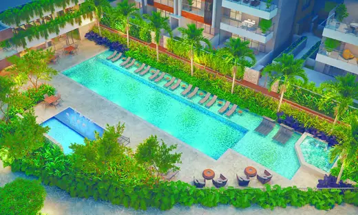 Vista aérea das piscinas do Claris Clube — perspectiva ilustrativa