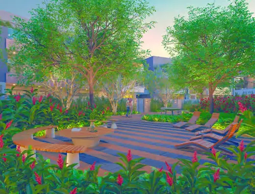 Praça zen do Claris Clube — perspectiva ilustrativa