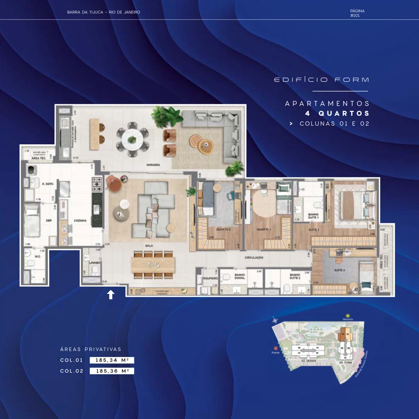 Planta Concept by RJZ Cyrela: 4 quartos · 185,34 / 185,36 m² — Form · colunas 01 e 02
