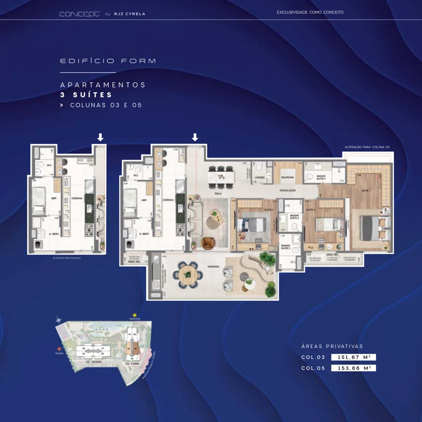 Planta Concept by RJZ Cyrela: 3 suítes · 151,67 / 153,66 m² — Form · colunas 03 e 05