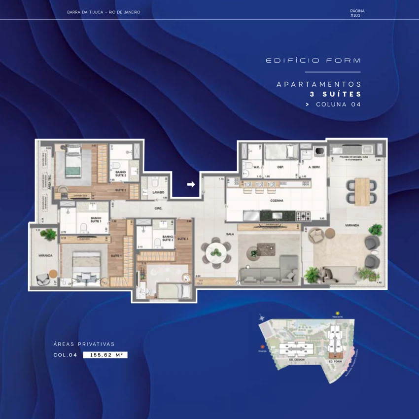 Planta Concept by RJZ Cyrela: 3 suítes · 155,62 m² — Form · coluna 04