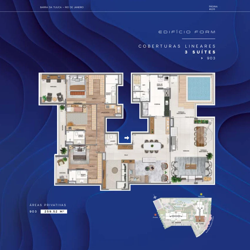 Planta Concept by RJZ Cyrela: Cobertura · 259,52 m² — Form · unidade 903 · 3 suítes