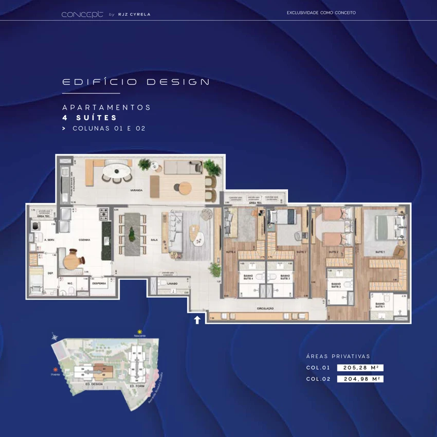 Planta Concept by RJZ Cyrela: 4 suítes · 205,28 / 204,98 m² — Design · colunas 01 e 02