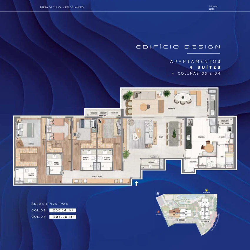Planta Concept by RJZ Cyrela: 4 suítes · 205,14 / 206,28 m² — Design · colunas 03 e 04