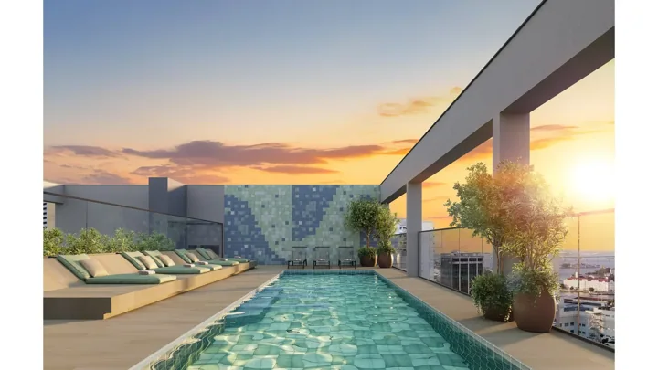 Connect Square — Piscina e solarium - rooftop · perspectiva ilustrativa