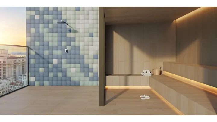 Connect Square — Sauna à vapor · perspectiva ilustrativa