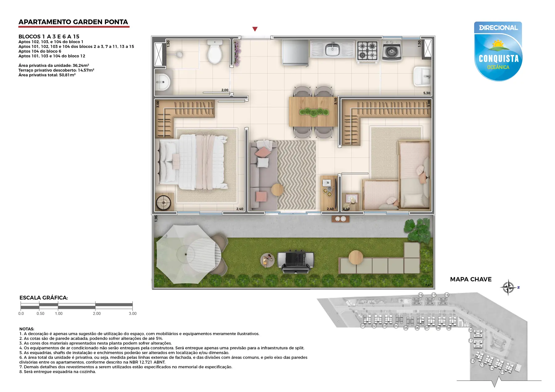 Planta do apartamento garden de 2 quartos do Conquista Oceânica