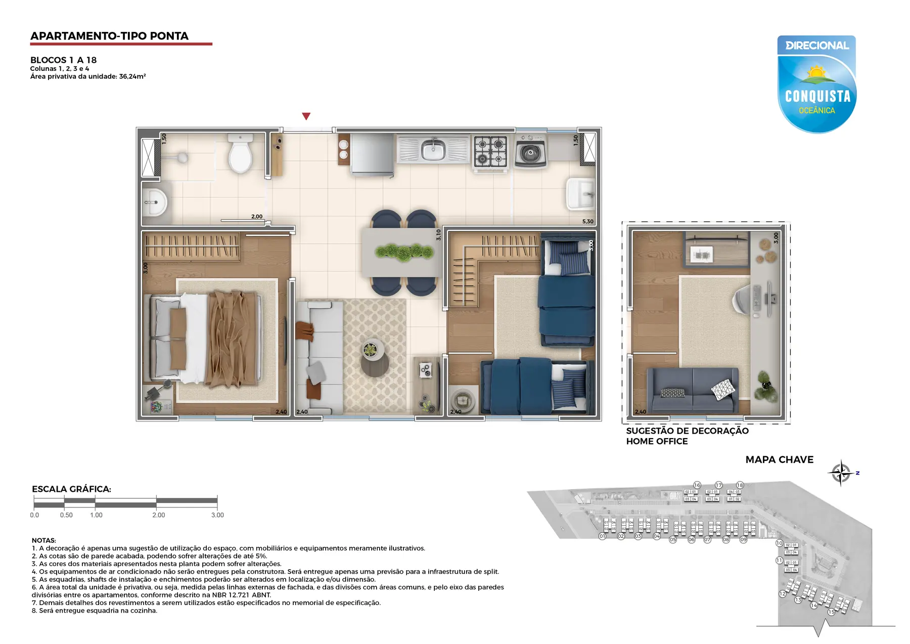 Planta do apartamento tipo de 2 quartos do Conquista Oceânica