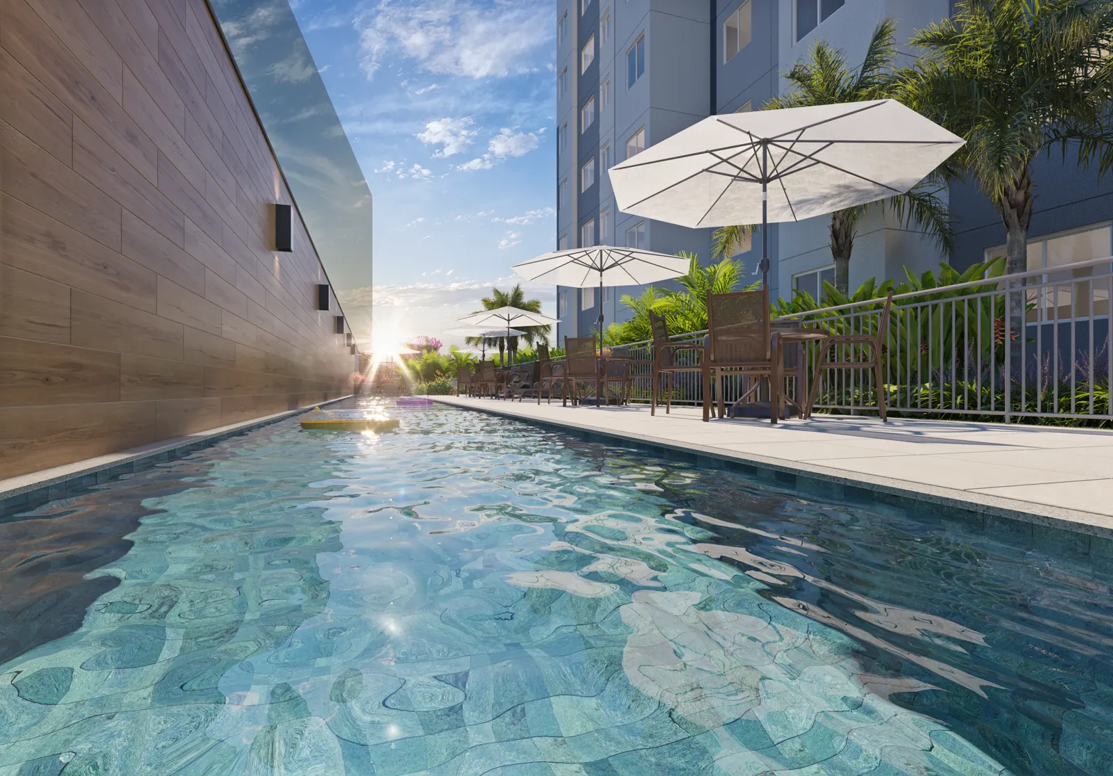 Piscina de raia de 25 metros com deck molhado