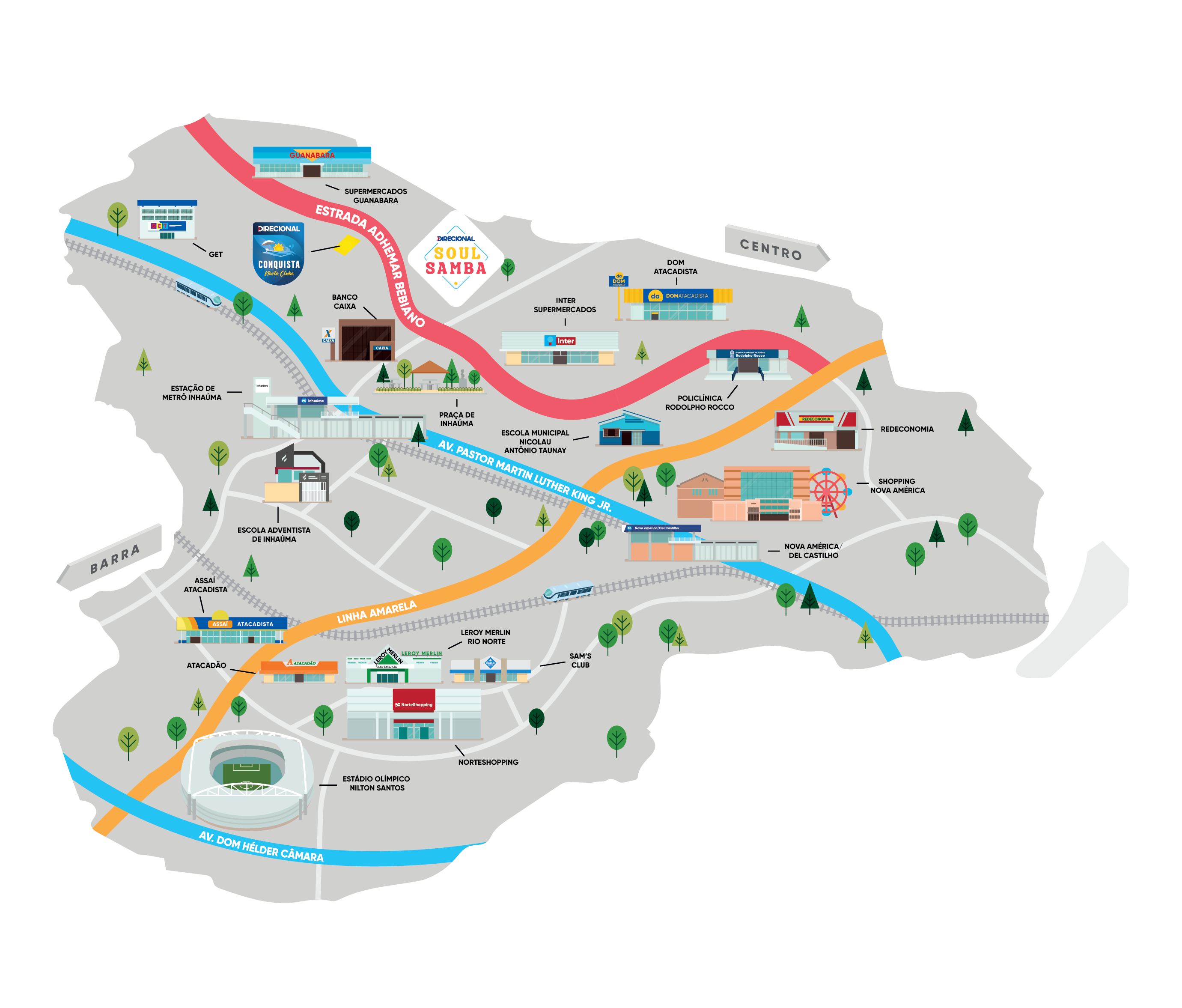 Mapa de localização do Soul Samba e pontos de interesse da Zona Norte