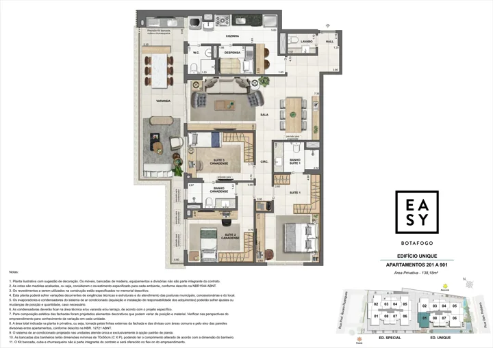 Easy Botafogo — Planta dos apartamentos 201 a 901 do Edifício Unique - 3 Suítes