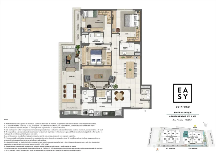 Easy Botafogo — Planta dos apartamentos 202 a 902 do Edifício Unique - 3 Suítes