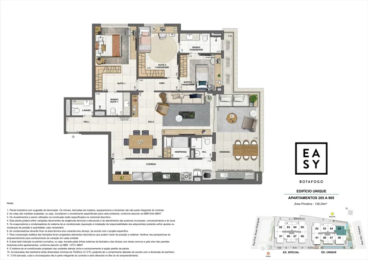 Easy Botafogo — Planta dos apartamentos 205 a 905 do Edifício Unique - 3 Suítes