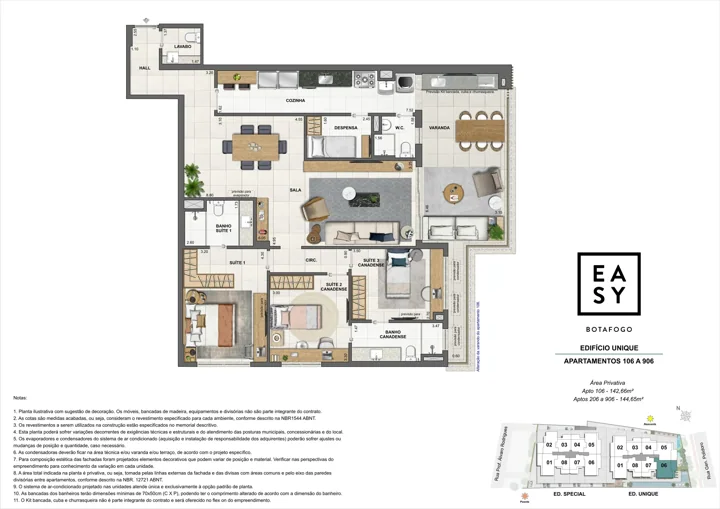 Easy Botafogo — Planta dos apartamentos 206 a 906 do Edifício Unique - 3 Suítes