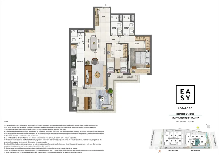 Easy Botafogo — Planta dos apartamentos 207 a 907 do Edifício Unique - 2 Quartos