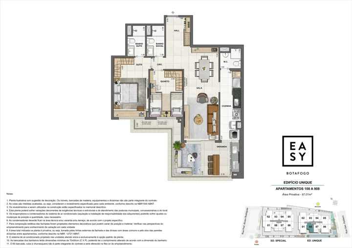Easy Botafogo — Planta dos apartamentos 208 a 908 do Edifício Unique - 2 Quartos
