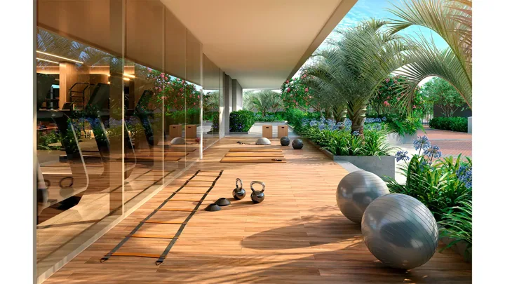 Epic Golf Residence — Fitness externo · perspectiva ilustrativa