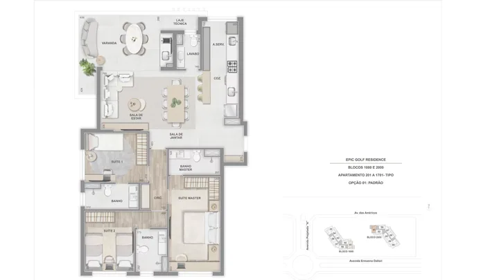 Epic Golf Residence — Apto. Tipo, 201 a 1701, com 3 suítes - 114 m²