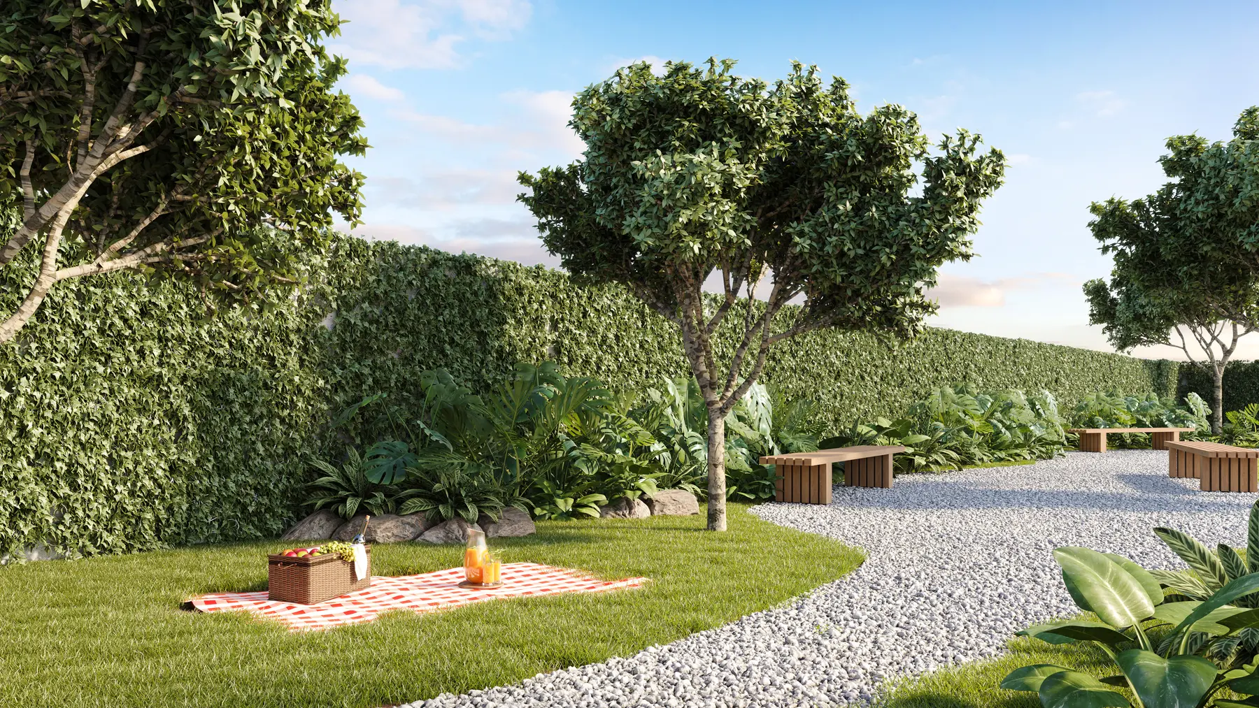 Área de convivência com paisagismo e bosque do Etehe Residencial