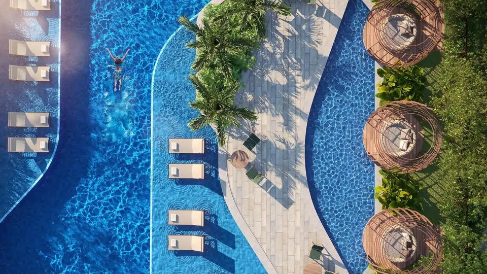 Perspectiva ilustrada das piscinas do Gaea Home Resort