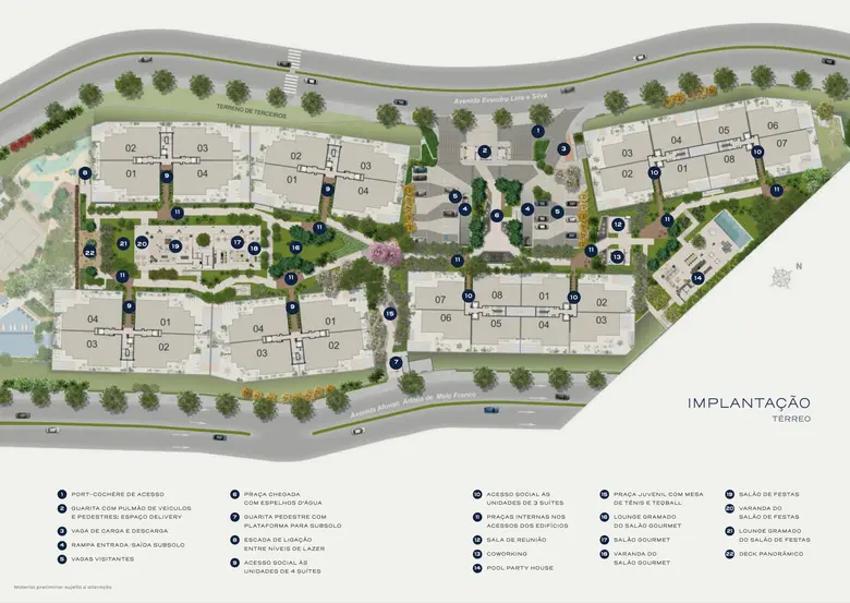 Planta oficial: Implantação · térreo — Acessos, edificações, praças e espaços de convivência