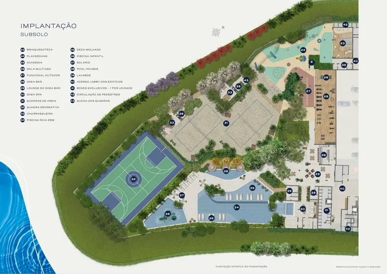 Planta oficial: Implantação · subsolo — Piscinas, wellness, quadras e lazer