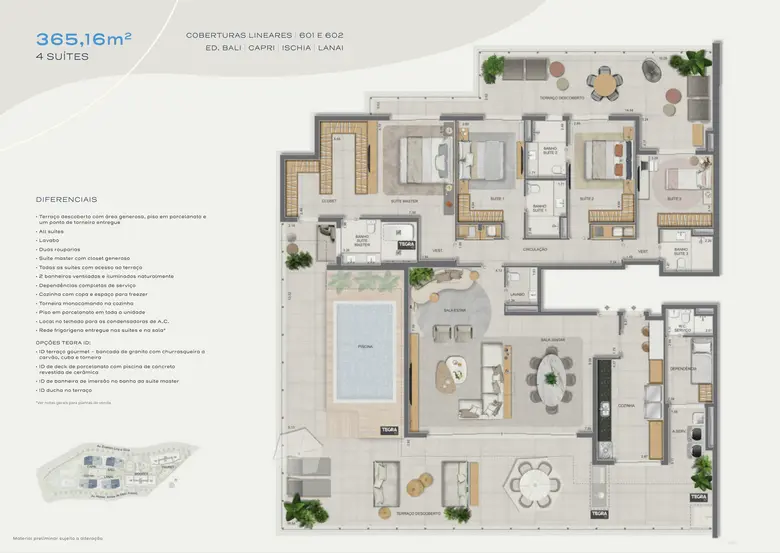 Planta oficial: Cobertura linear — 365,16 m² · 4 suítes